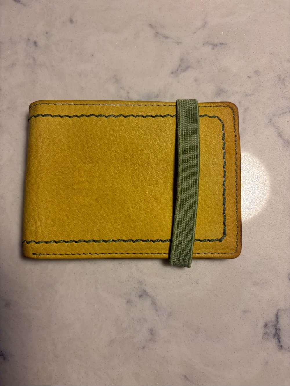 Fossil Minimal Leather Wallet in Mustard Yellow with green Elastic Strap
